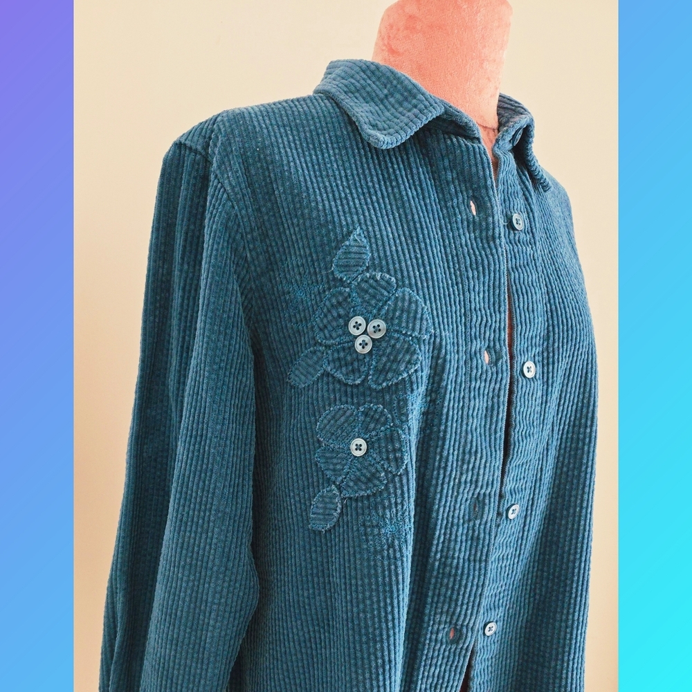 Blair Teal Corduroy Floral Applique Shacket Shirt Grannycore Cottagecore Size S